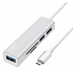 POWERTECH USB-C hub PT-926 3x USB3.0 + SD/Micro SD Aσημί