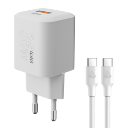 Φορτιστής τοίχου PT-1351 USB & USB-C με καλώδιο PD QC3.0 GaN 36W λευκός