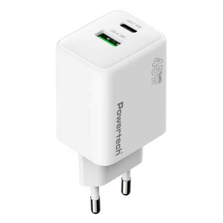 Φορτιστής τοίχου PT-1551 USB & USB-C PD QC4.0 AVS GaN 45W λευκός