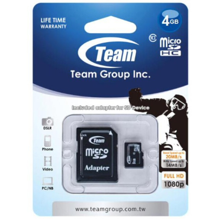 Κάρτα Μνήμης Teamgroup Micro SDHC 4GB Class 10 + Adapter