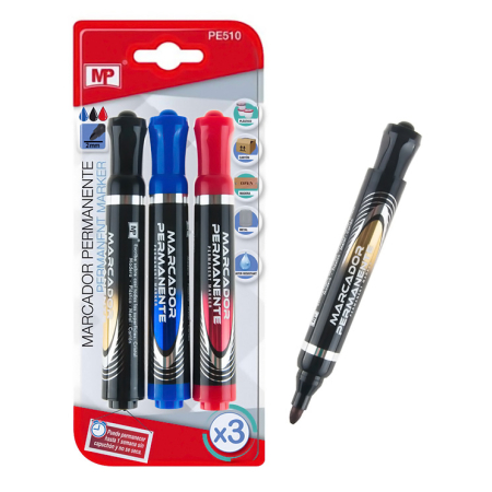 MP ανεξίτηλος μαρκαδόρος PE510, 2mm, 1x μαύρο 1x κόκκινο 1x μπλε